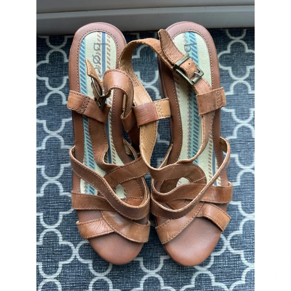 Born Leather Strappy Wedge Sandals Brown Platform Buckle Heels Womens 9M